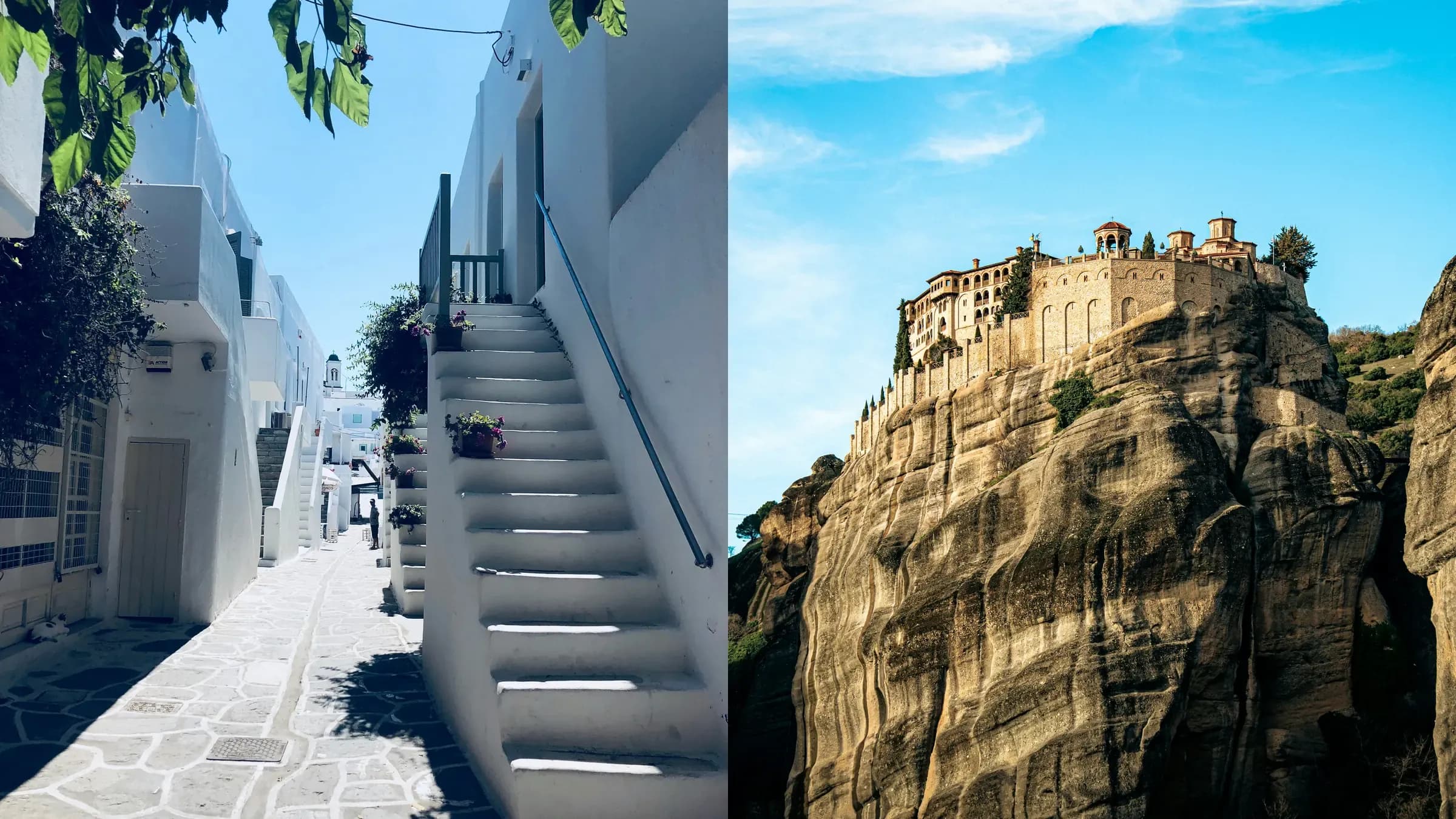 Split image: a whitewashed island stairway on the left and a Meteora monastery on a sandstone pillar on the right.