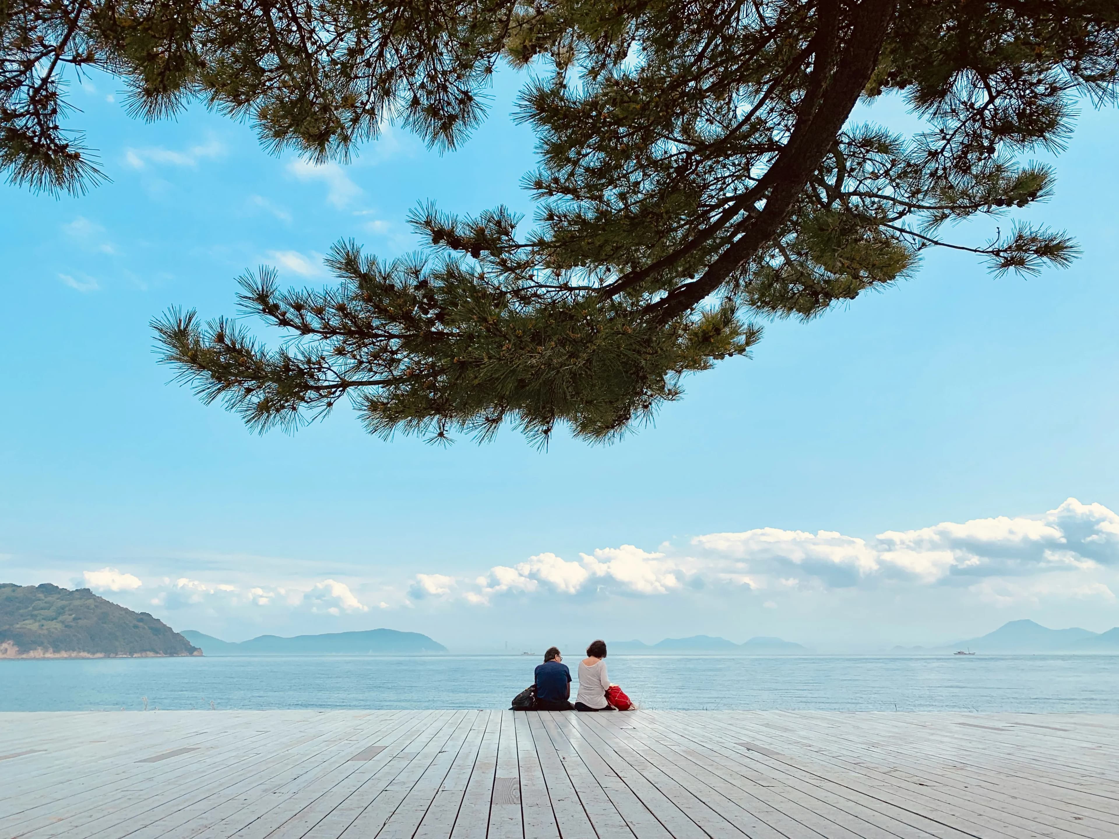 Two people sit on a wooden deck by the sea, facing calm water and distant mountains, with a large tree branch overhead and a bright blue sky with scattered clouds.