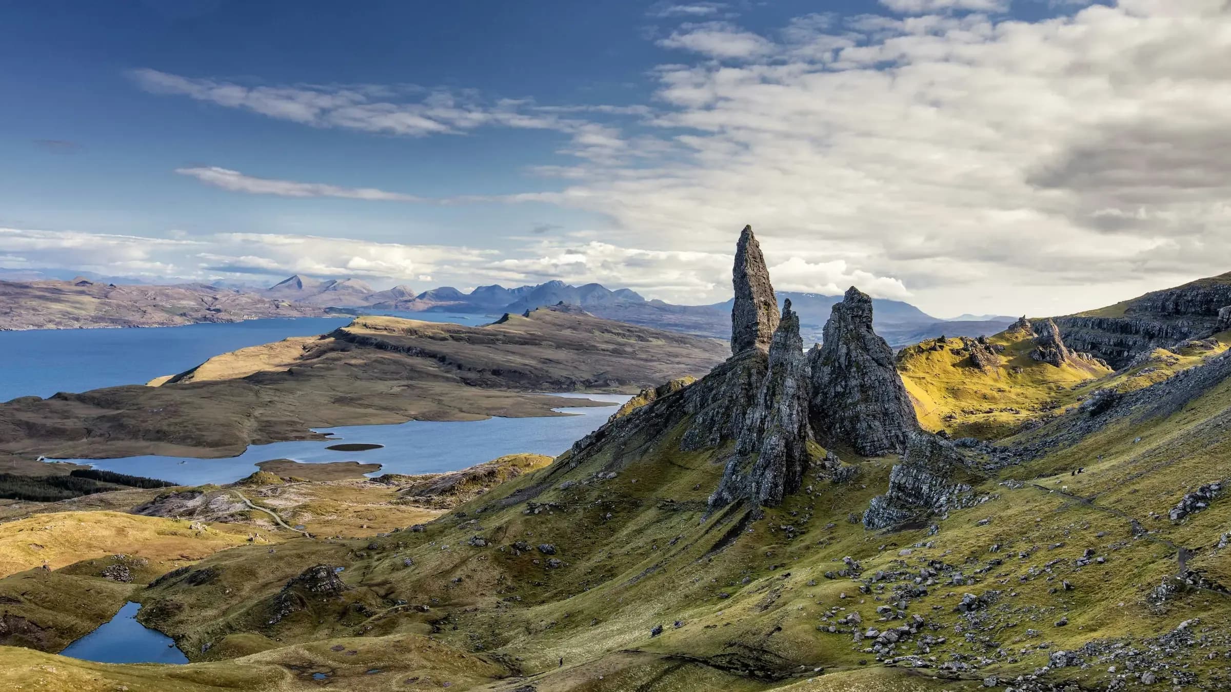 The Old Man of Storr rock pinnacles on the Isle of Skye, with lochs and mountains beyond under a changeable sky.