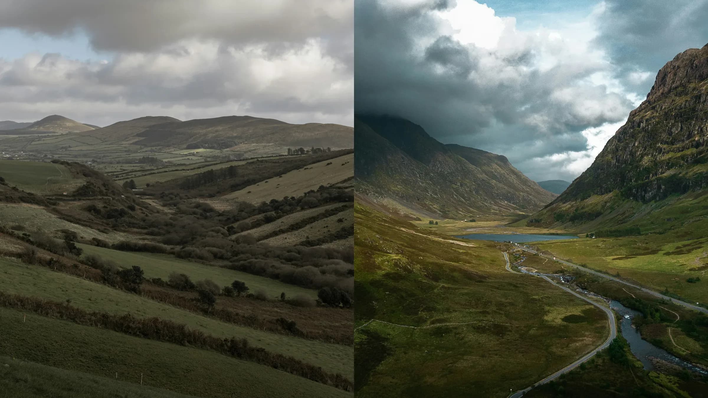 Side by side: soft green Irish farmland and hedgerows under grey cloud on the left, a steep Scottish glen with a loch and a single road under a breaking sky on the right.