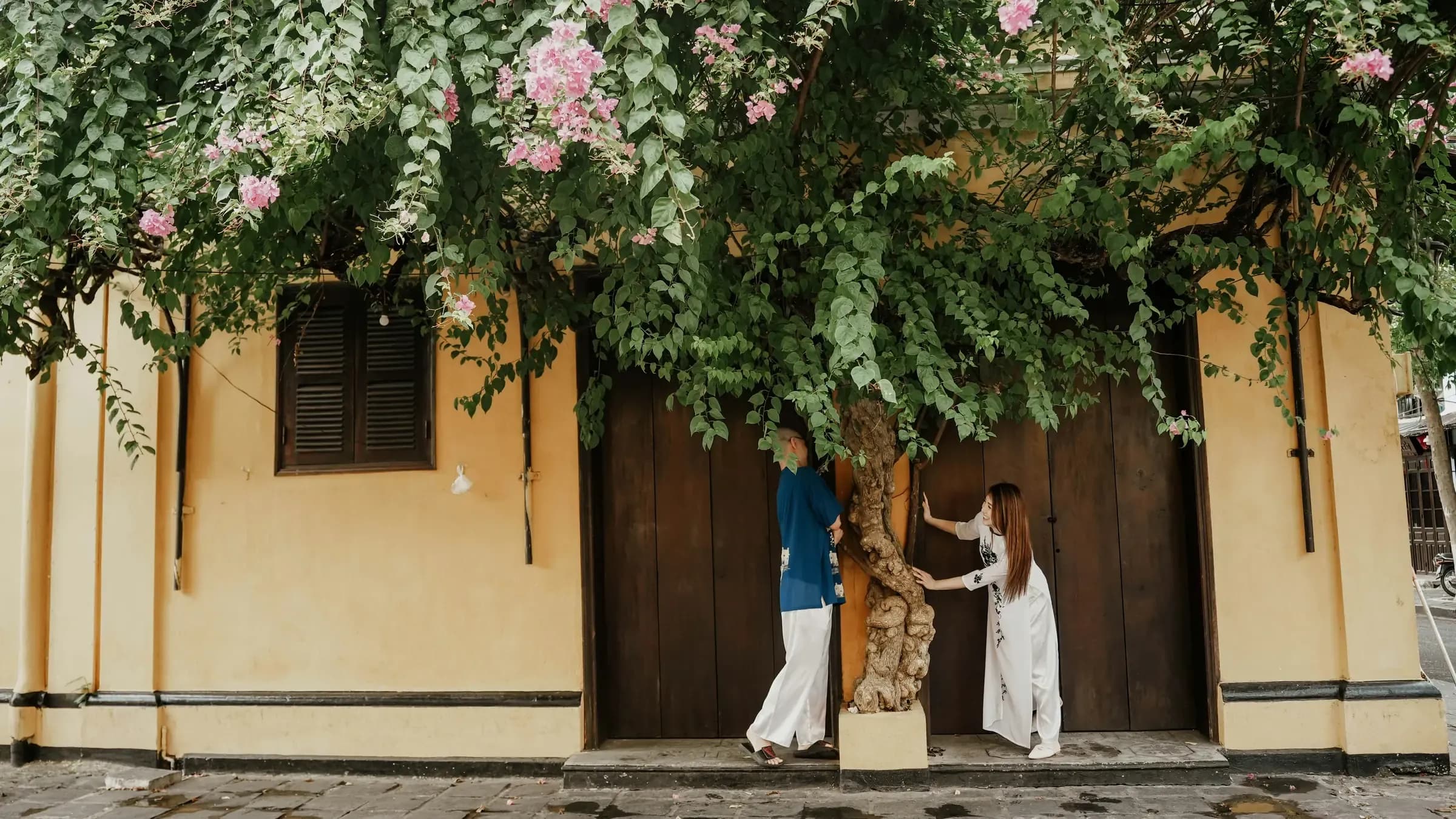 A couple in white standing at the doorway of an ochre-walled house beneath pink bougainvillea, in the style of Hoi An's old town.