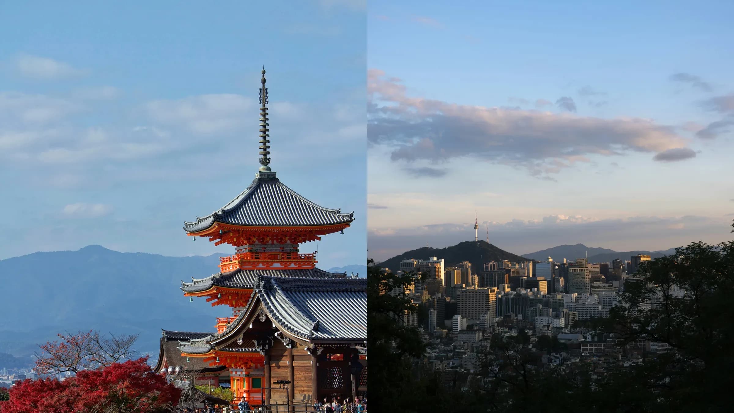 Side by side: the vermilion pagoda of Kiyomizu-dera above autumn maples in Kyoto on the left, the Seoul skyline at dusk with N Seoul Tower on the ridge on the right.
