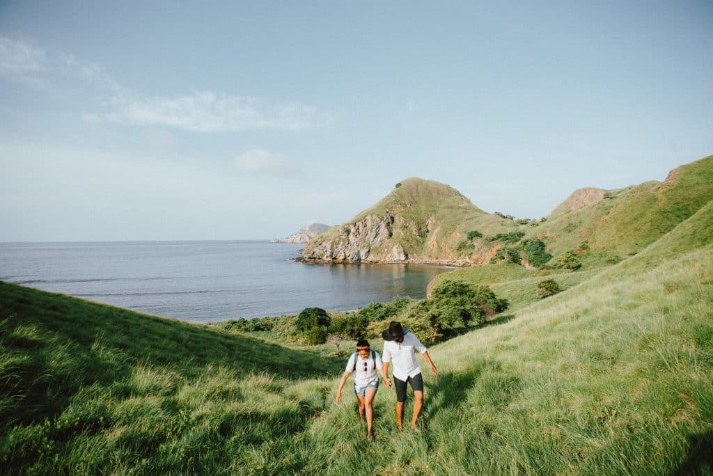 Couple holding hands walking along grassy coastling