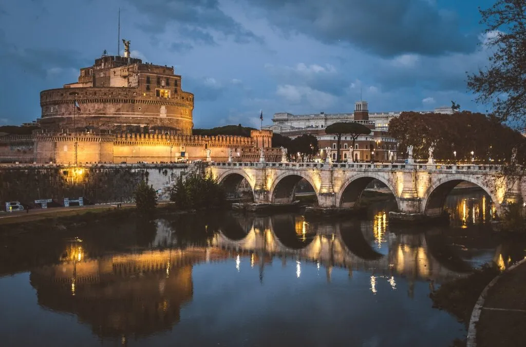 castle and bridge at dusk