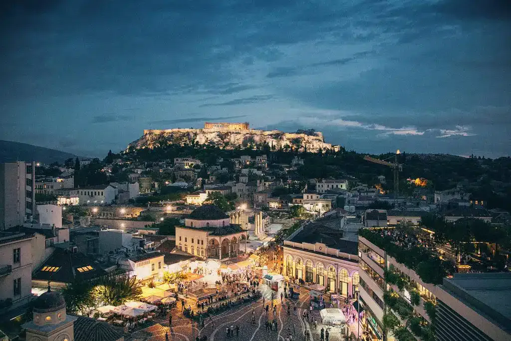 Lighted Buildings Nighttime in Athens, Greece