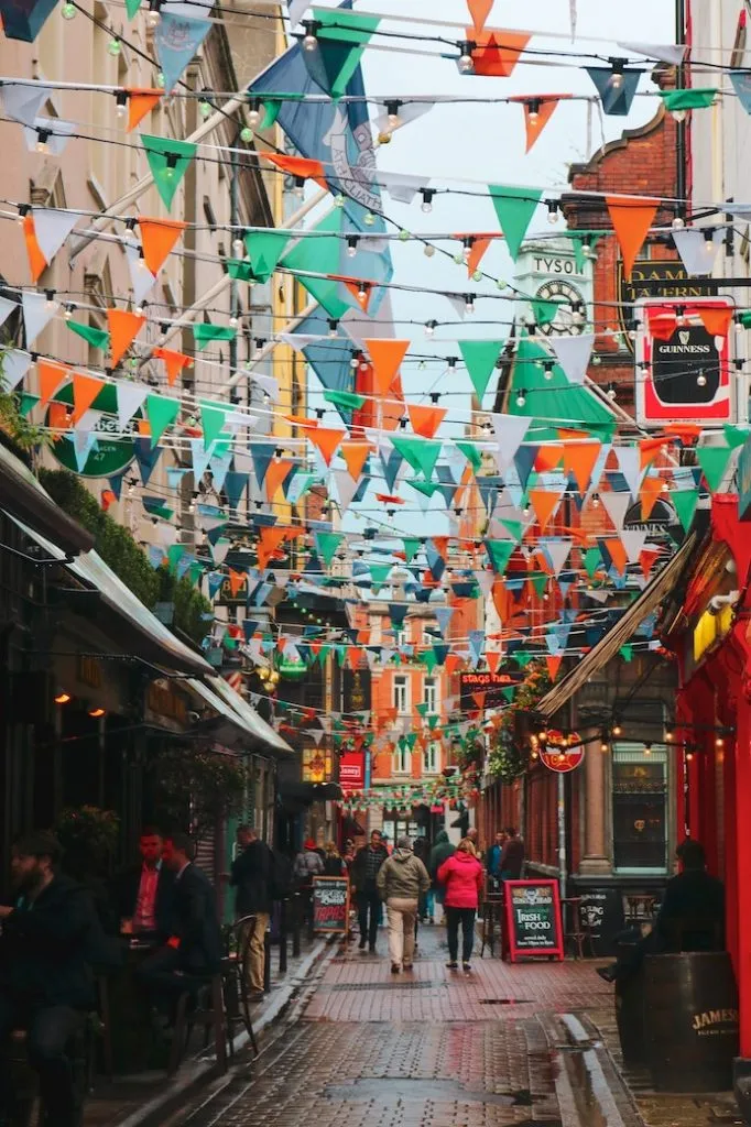 streets of Dublin with irish flag banners