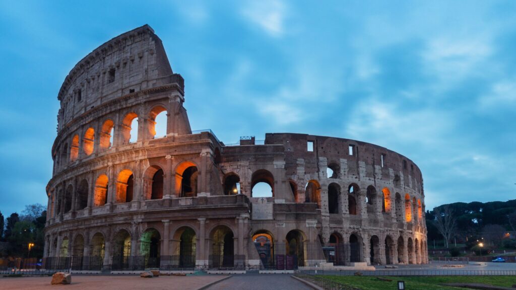 The colosseum lit at night