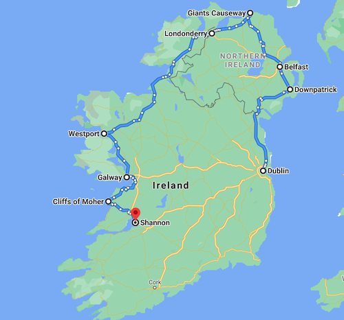 Map Route of Explore the Emerald Isle Itinerary