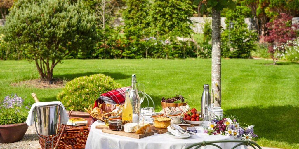 Picnic with food in grassy park in Ireland