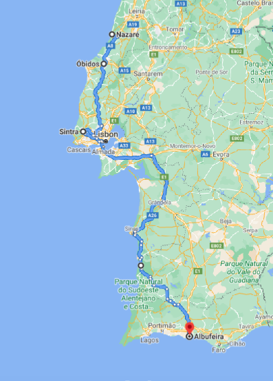 road map of Portugal with overnight stops in Nazare, Obidos, Sintra, and Albufeira.