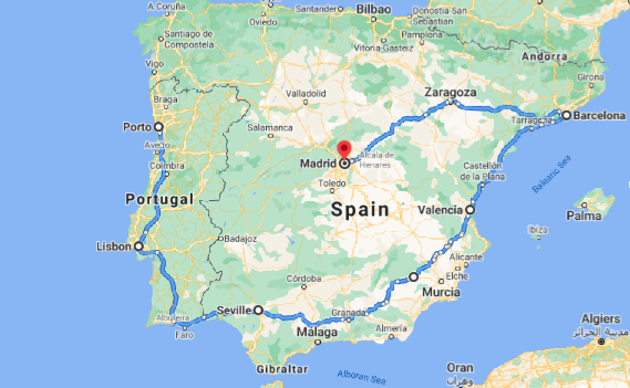 road map across Portugal and Spain with overnight stays in Porto, Lisbon, Seville, Valencia, Barcelona, and Madrid.