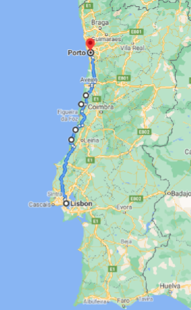 road map of the coast of Portugal from Lisbon to Porto