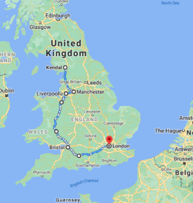 map of the UK with overnight stays marked in Kendal, Manchester, Liverpool, Bristol, and London