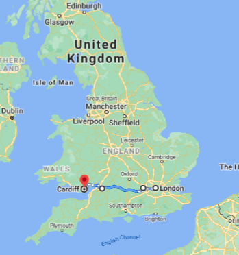 map of United Kingdom with London and Cardiff as overnight stops