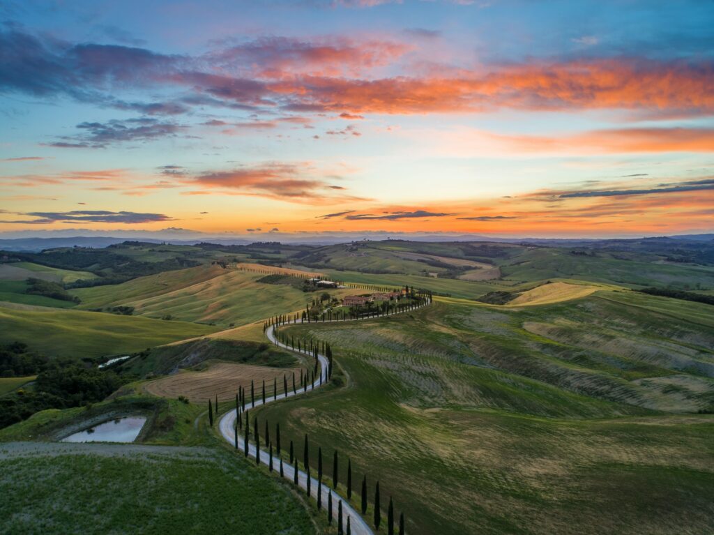 view from sky of winding treelined road through tuscany