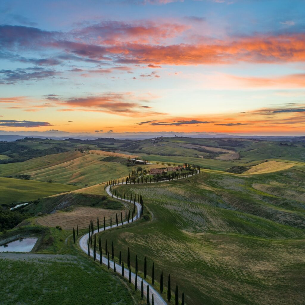 view from sky of winding treelined road through tuscany