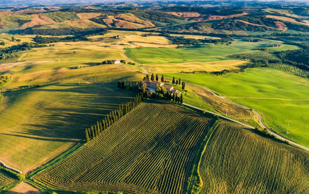 Morning sunlight drone view of a Tuscan winery