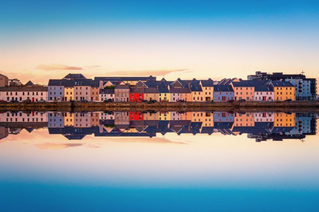 Vibrant houses on Galway Ireland during sunrise
