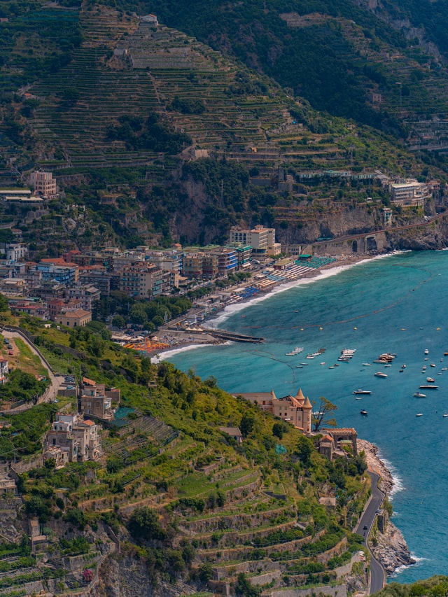 coastal town of Ravello and green fields