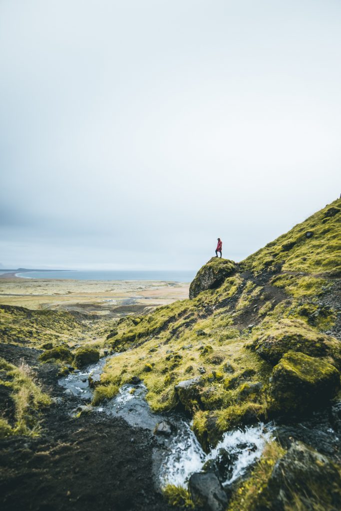 Person standing on mossy hillside in Iceland Highlands