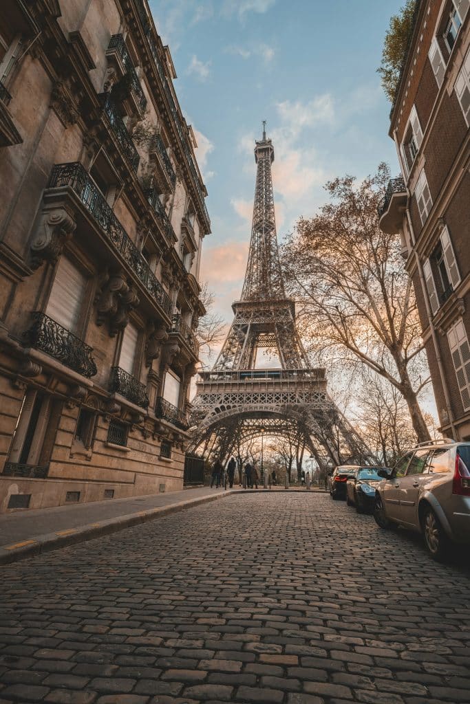 Street view of the Eiffel Tower in Paris, France