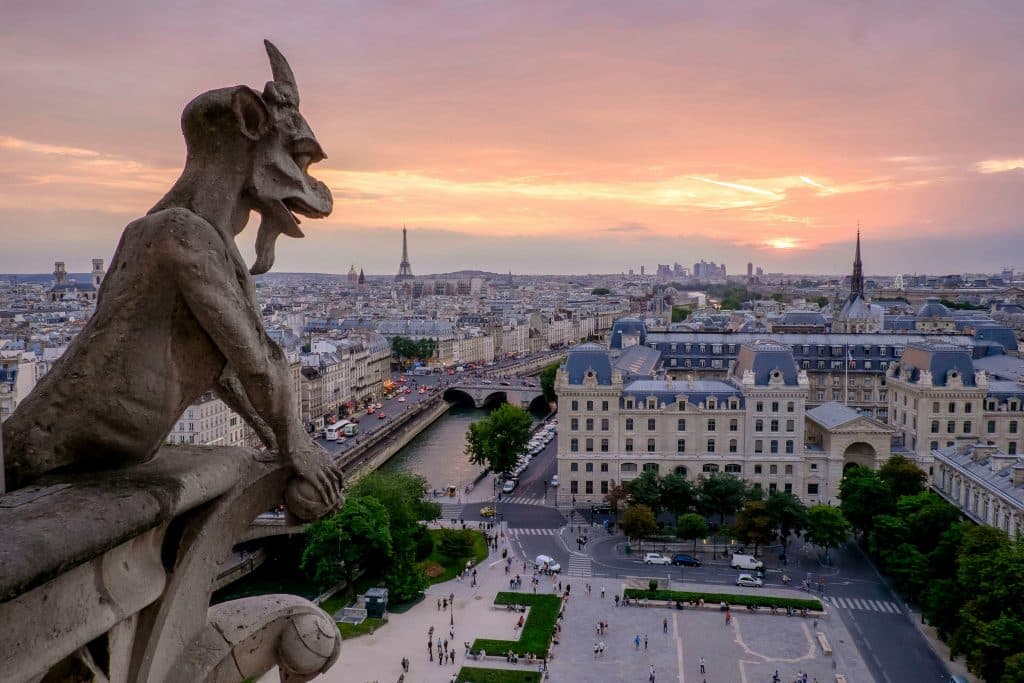 Notre Dame gargoyle sunrise Paris, France