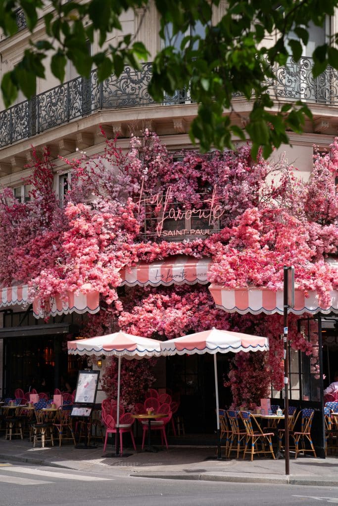 Pink Flowers Decorations over Restaurant in Paris, France