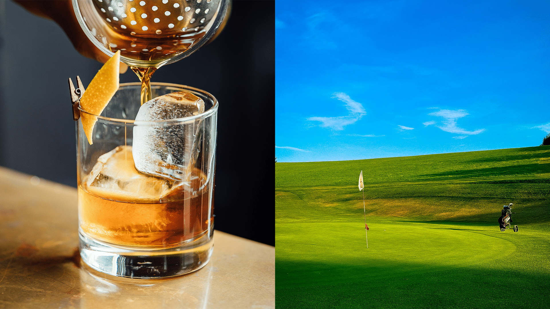 A close up of a cocktail with ice and an orange peel garnish on the left, and a bright green golf course—perfect for a gaff, a quintessential Irish slang for gathering—with a flag and blue sky on the right.